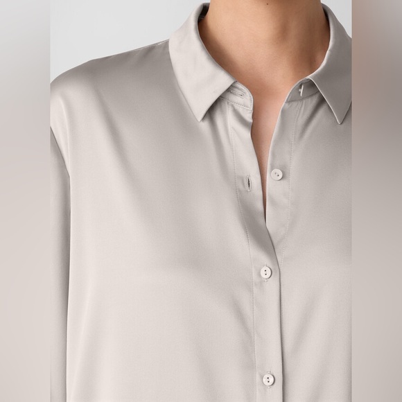 NWT Eileen Fisher Stretch Silk Charmeuse Classic Collar Shirt in Chalk - Picture 3 of 11